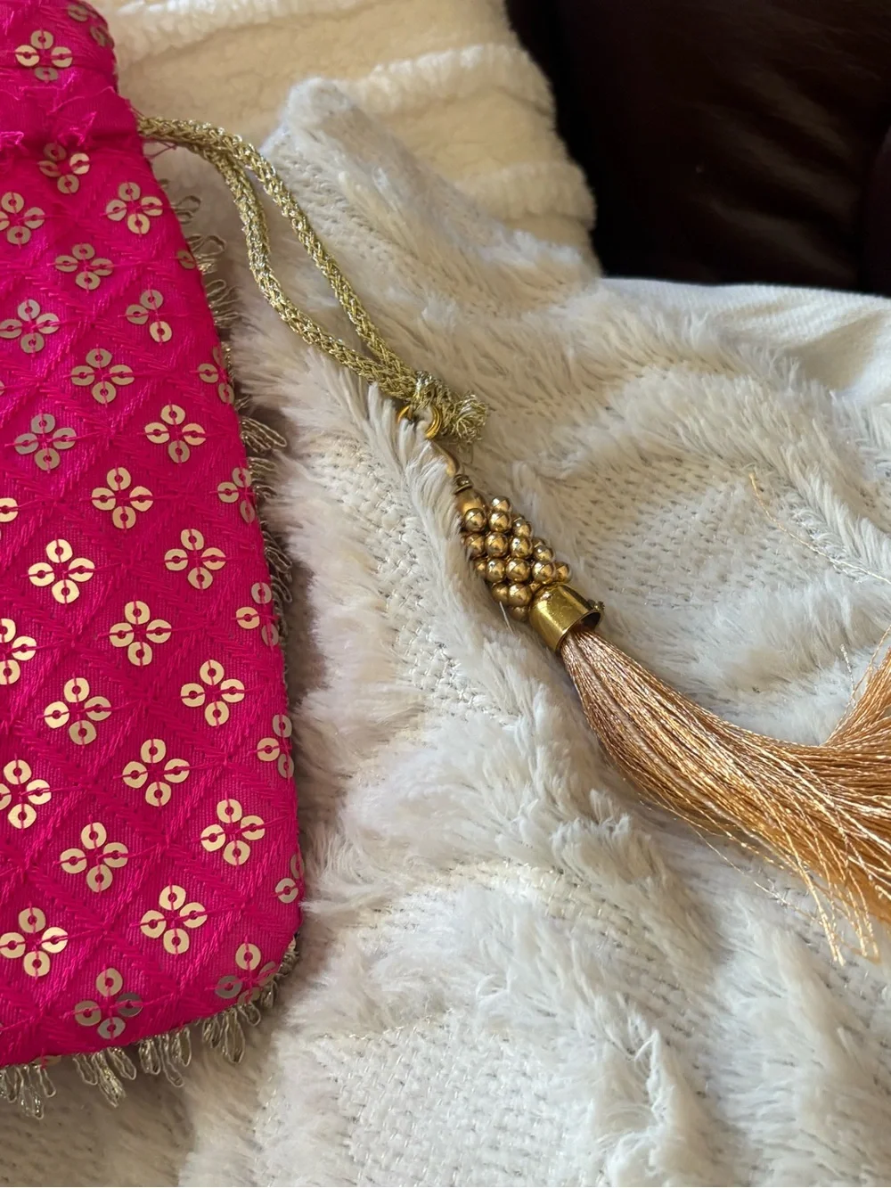 Ethnic Indian Wear Hot Pink Embellished Evening Potli with Gold Tassels